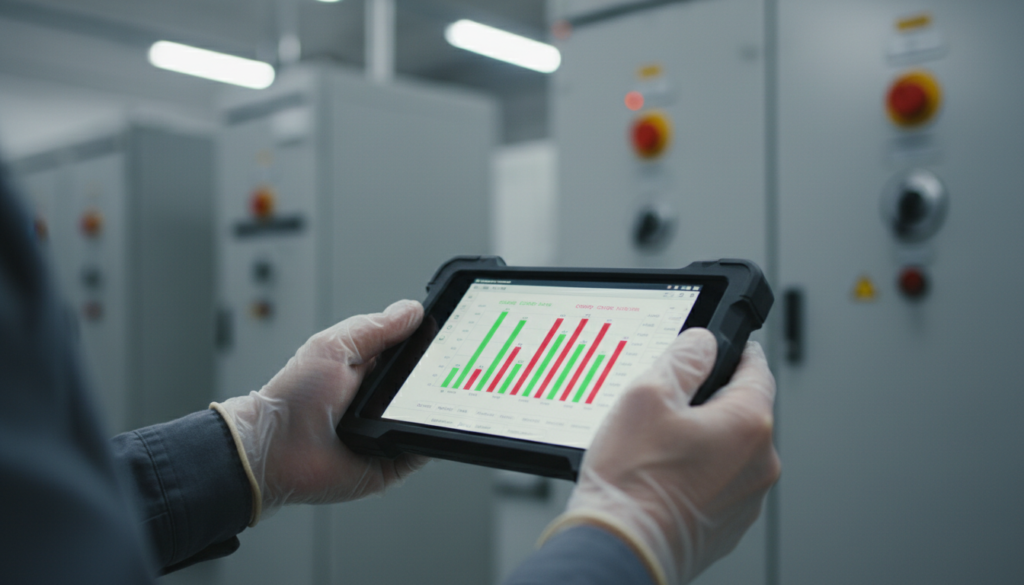 Engenheiro eletricista analisando o monitoramento de carga em um tablet para fazer o cálculo correto antes de escolher entre uma bateria BESS vs chumbo.