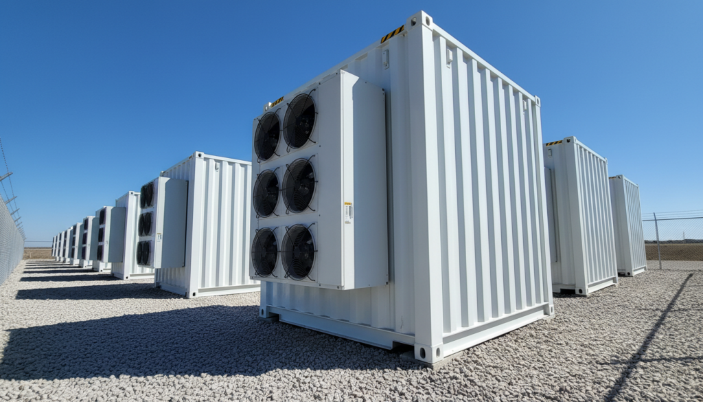 Generatedimage_1781039536664 Containers brancos de grande porte de um sistema de armazenamento BESS com sistemas de climatização industrial visíveis na lateral.