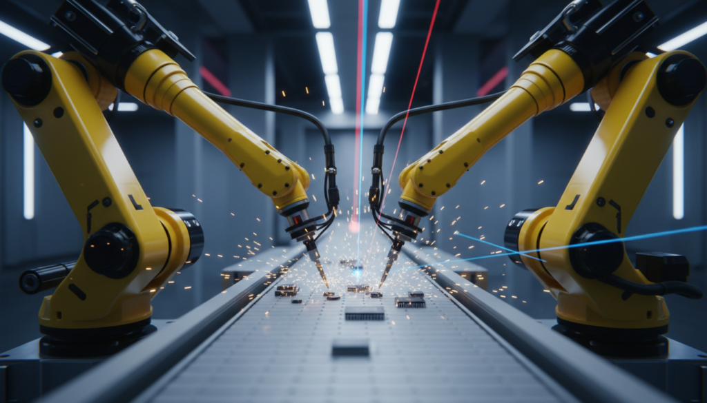 Linha de produção automatizada com robôs industriais em operação contínua e protegida contra oscilações por um sistema BESS.