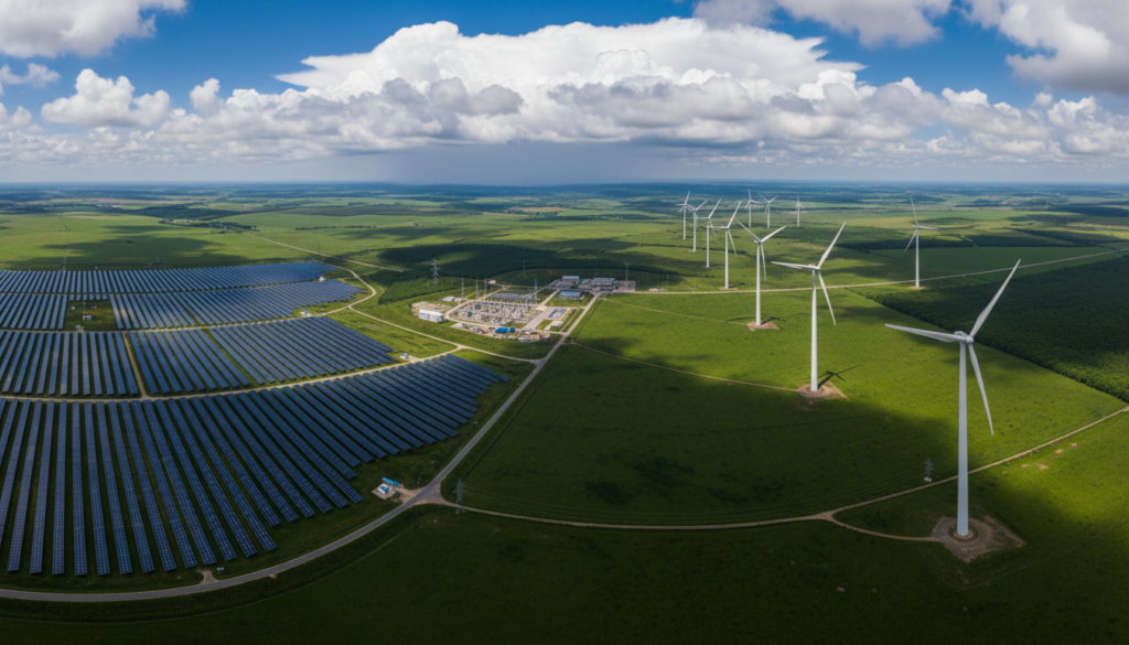 Parque híbrido de energia solar e eólica em uma grande planície verde sob nuvens passageiras que demandam suporte de um sistema BESS.