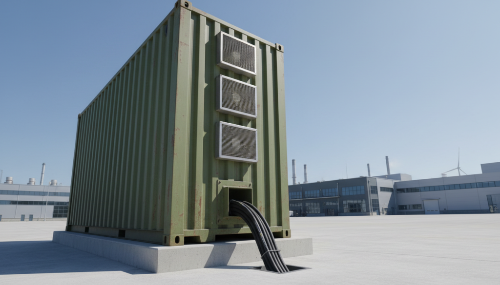 Fotografia de um sistema BESS em contêineres solução modular instalado sobre base de concreto em um pátio industrial sob céu azul.