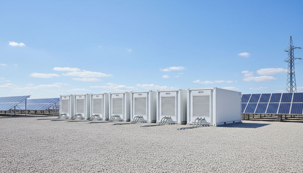 Fotografia industrial de um grande sistema BESS com contêineres brancos de armazenamento de energia ao lado de um campo de painéis solares sob o céu limpo.