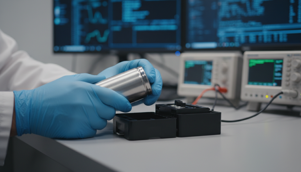 Técnico em eletrônica manipulando módulos de células de lítio retiradas de um sistema BESS para testes de triagem e reaproveitamento em bancada.