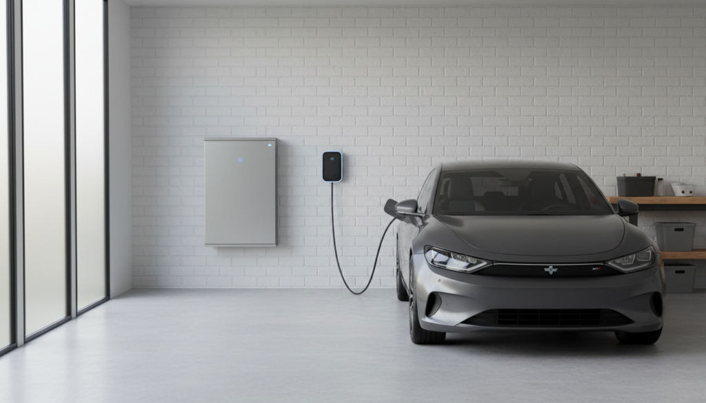 Sistema de armazenamento residencial alimentado por baterias remanufaturadas de um BESS antigo instalado na parede de uma garagem ao lado de um carro elétrico.