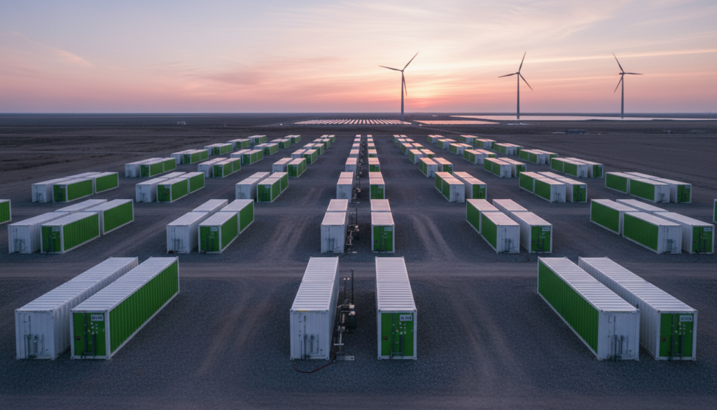 Grandes contêineres industriais instalados em campo aberto representando o sistema de bateria de ferro-ar para a rede elétrica.