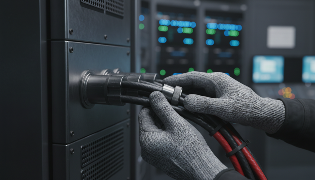 Técnico trabalhando na manutenção e controle dos módulos da bateria de ferro-ar em uma central elétrica.