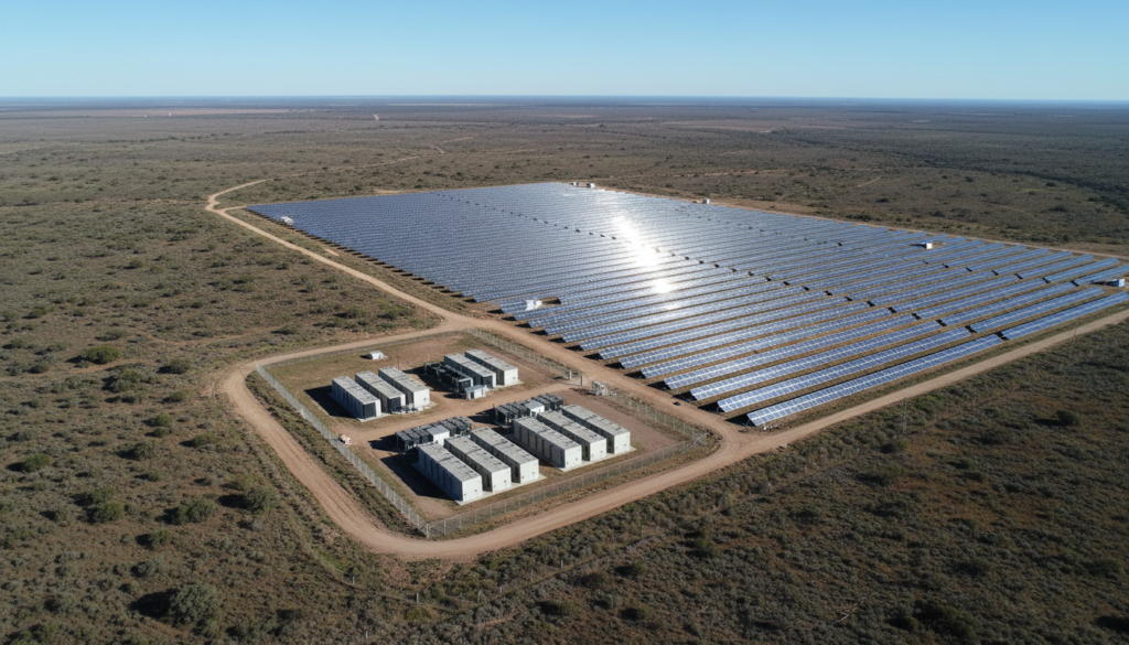 Vista aérea de uma central de energia mostrando o espaço territorial exigido para a instalação da bateria de ferro-ar ao lado de painéis solares.
