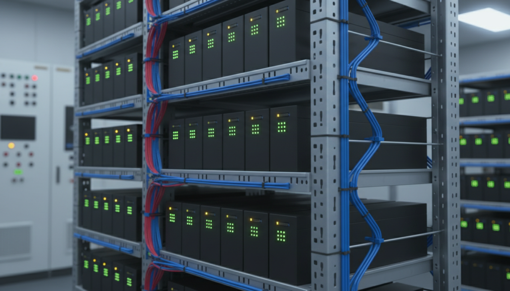 Generatedimage_1781468621142 Detalhe interno de racks com módulos de baterias de lítio conectados em um sistema BESS industrial.