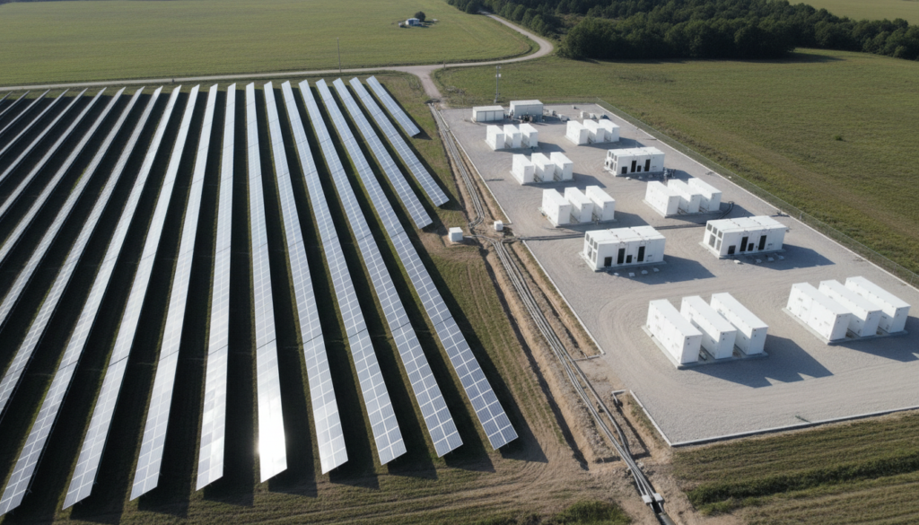 Generatedimage_1781468653528 Vista aérea de usina de energia solar integrada a uma estrutura de armazenamento BESS em campo aberto.