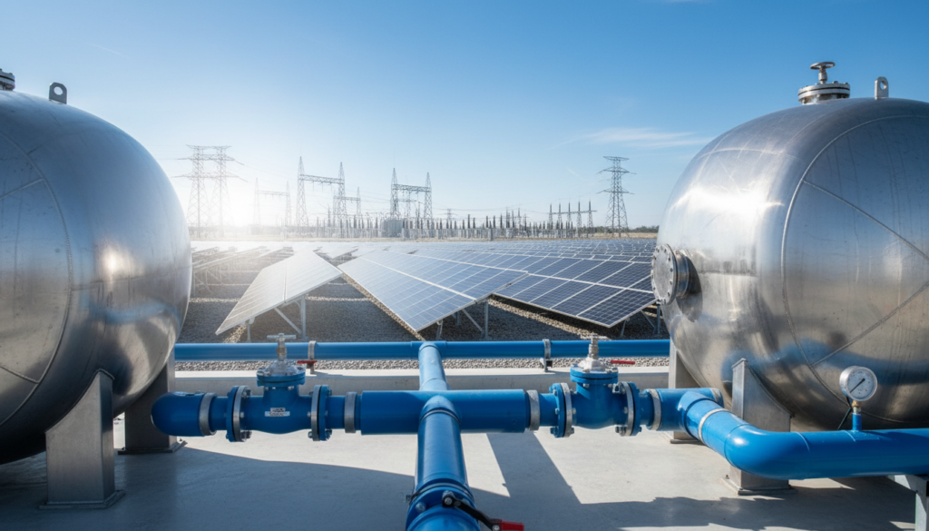 Generatedimage_1781544910404 Grandes tanques industriais de uma usina equipada com baterias de fluxo redox ao lado de um parque de energia solar.