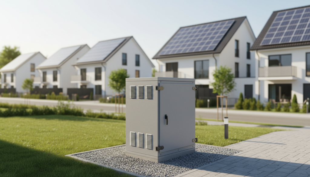 Módulo de sistema BESS instalado em área externa de condomínio residencial com painéis solares ao fundo.