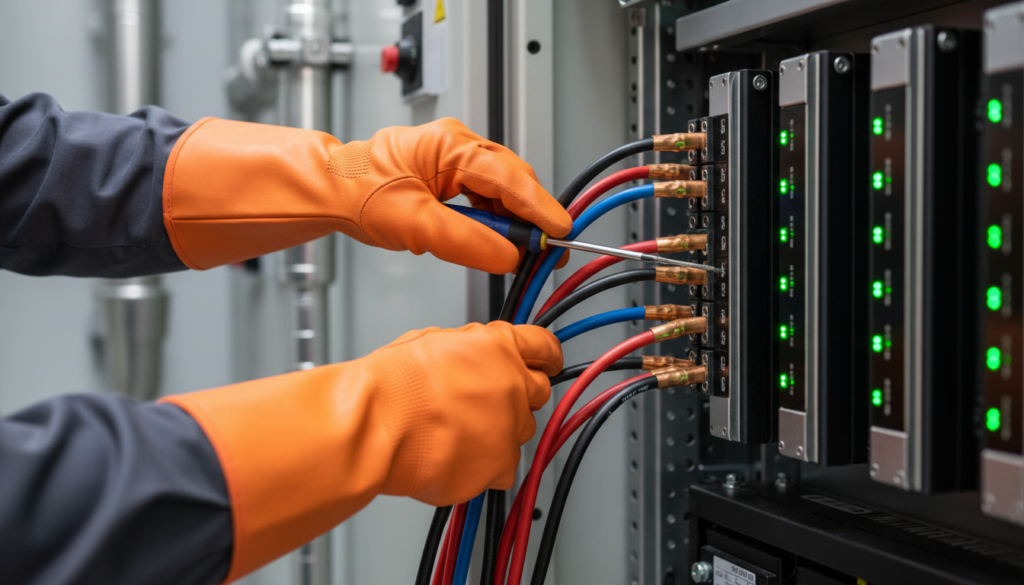 Técnico eletricista realizando a manutenção preventiva e conexão de cabos em sistema de armazenamento BESS.