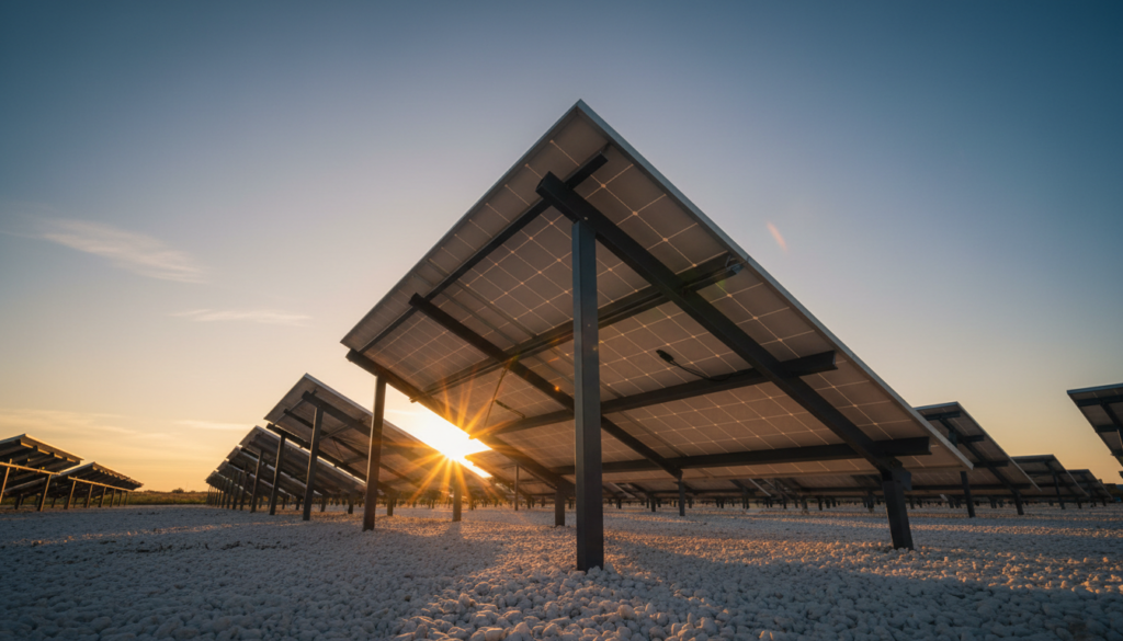 Generatedimage_1781803882584 Parte traseira de painel de energia solar bifacial feito de vidro duplo transparente capturando a luz refletida pelo solo de brita branca.