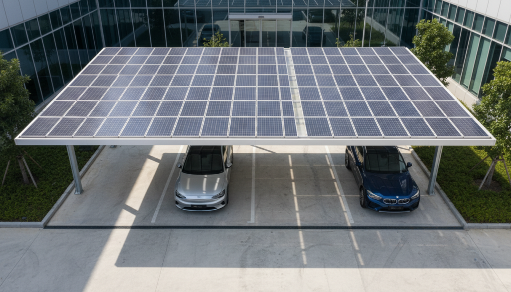 Generatedimage_1781803953141 Cobertura de garagem moderna feita com placas de energia solar translúcidas que aproveitam a luminosidade em um estacionamento plano.