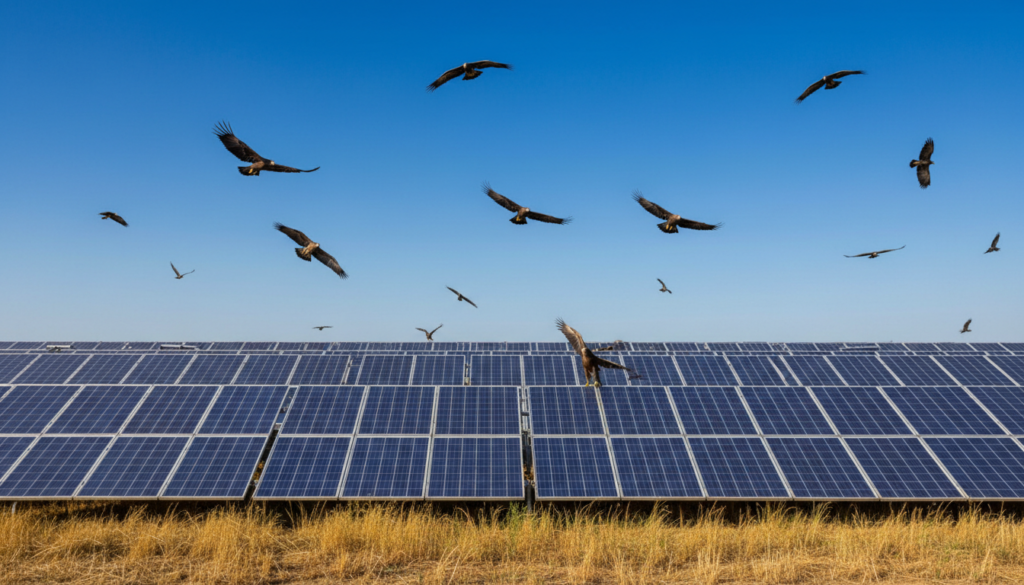 Generatedimage_1781803998247 Fileiras de rastreadores móveis em uma usina de energia solar instalada em um campo aberto com solo reflexivo sob céu azul.