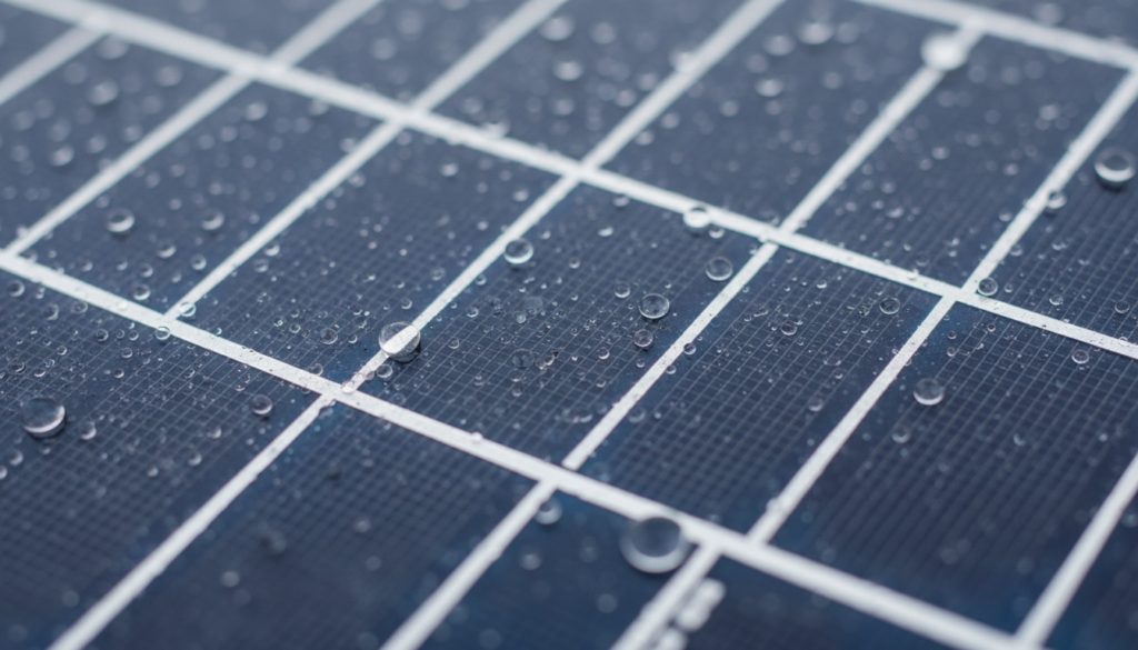 Plano detalhe de células de silício texturizadas de um painel de energia solar residencial resistente ao clima.
