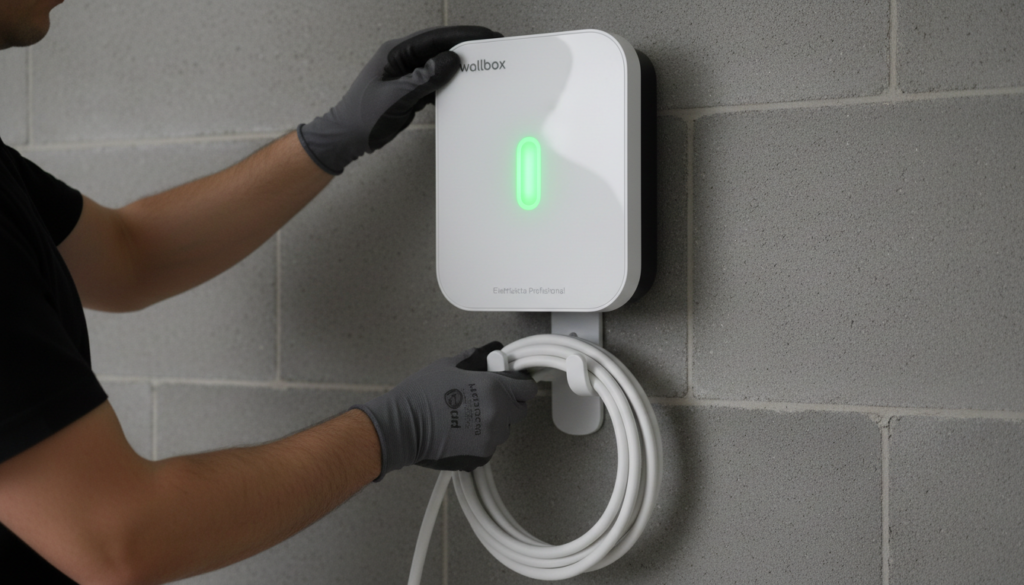 Eletricista profissional instalando um carregador inteligente de parede integrado ao sistema residencial de energia solar.
