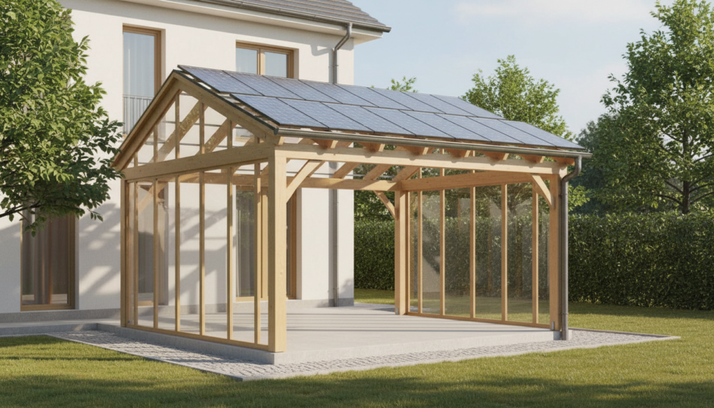 Estrutura de madeira de um carport automotivo integrado ao paisagismo e equipado com tecnologia de energia solar.