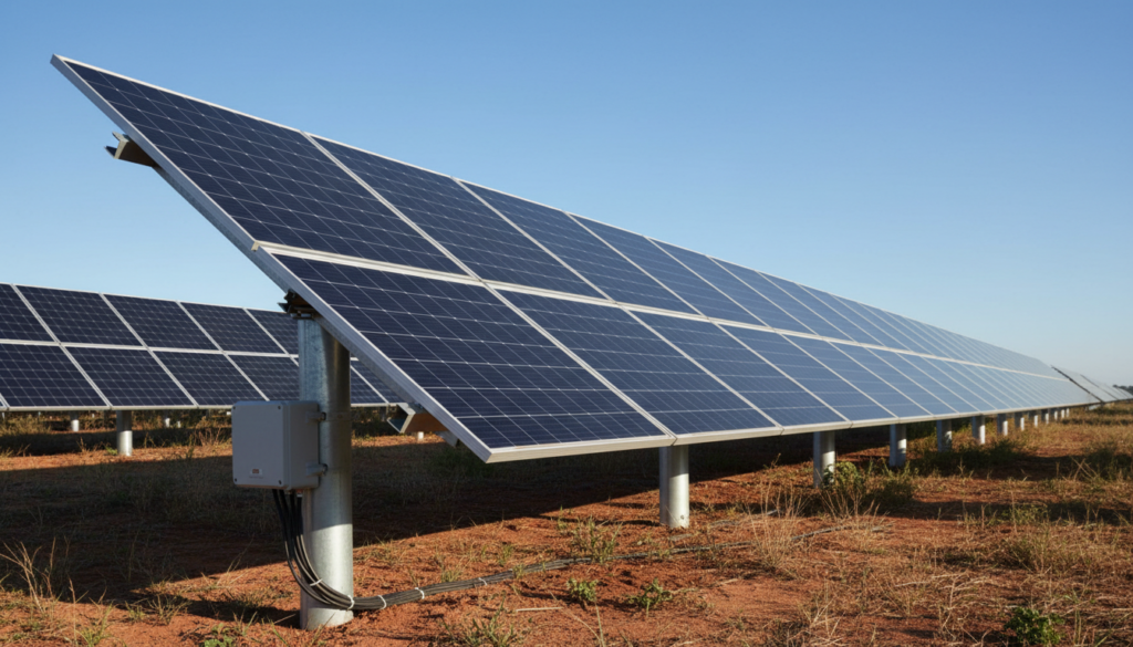 Fotografia detalhada de um motor elétrico acoplado à estrutura metálica de um rastreador de eixo único, movimentando fileiras de painéis fotovoltaicos modernos sob sol forte para otimizar a captação de energia solar.
