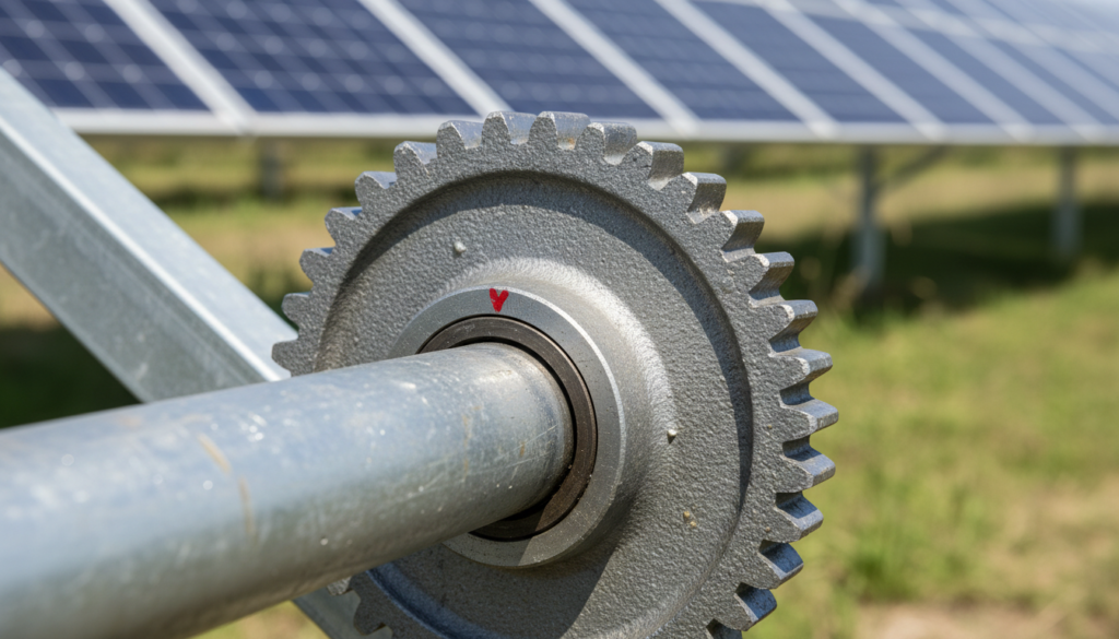 Close-up fotográfico focado na engrenagem de metal robusta e no eixo de rotação de um sistema de rastreamento, mostrando o mecanismo físico que move os painéis para maximizar a geração de energia solar.