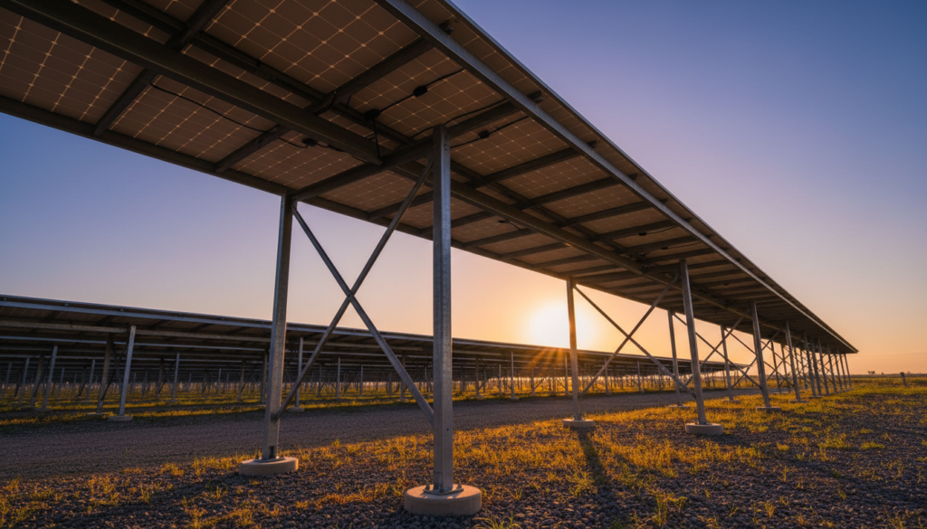 Fotografia em ângulo baixo mostrando a borda de fileiras de painéis móveis posicionados quase horizontalmente sob o sol do meio-dia, ilustrando a alta eficiência de uma usina móvel de energia solar.