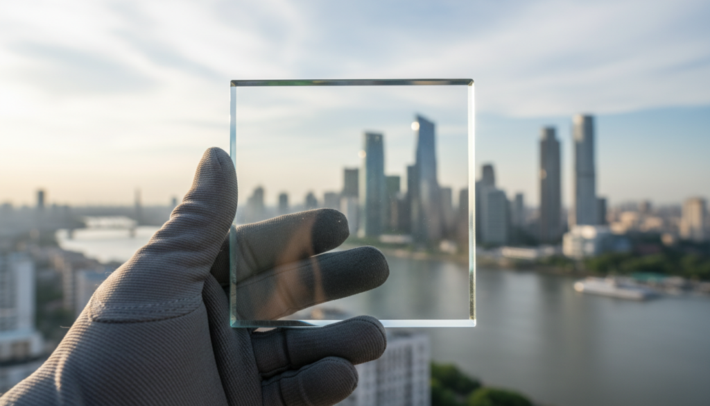 Placa de vidro com tecnologia de concentrador luminescente para geração de energia solar transparente em projetos de arquitetura sustentável.