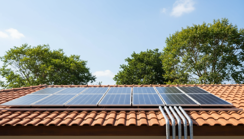 Telhado residencial moderno com instalação de placas de energia solar híbrida gerando eletricidade e aquecendo água sob o sol.