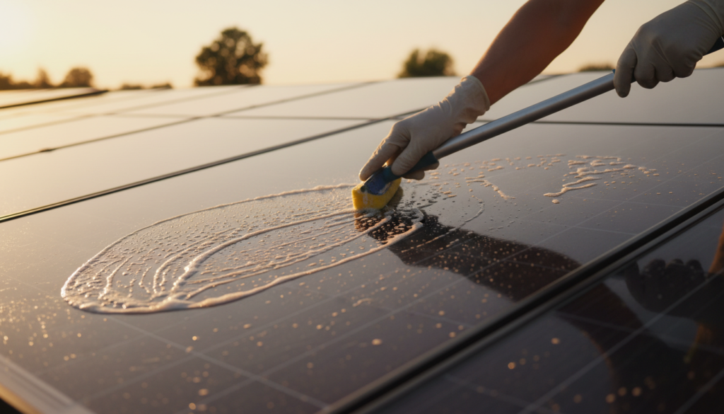 Pessoa realizando a limpeza periódica e manutenção de energia solar híbrida em um telhado usando água e esponja macia.