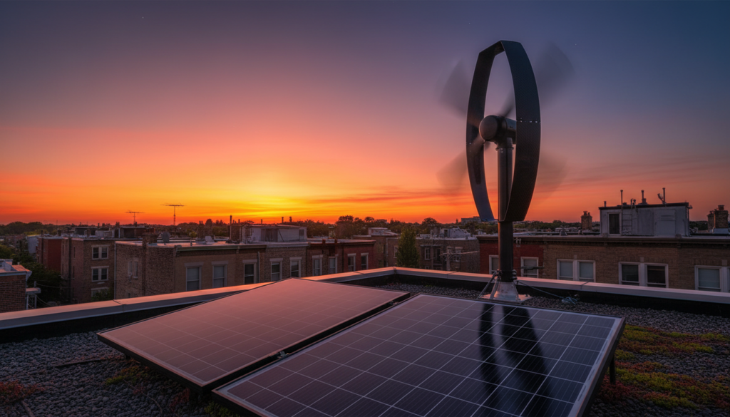 Sistema híbrido de placas solares e turbina para produção de energia eólica residencial no telhado de um imóvel urbano durante o entardecer.