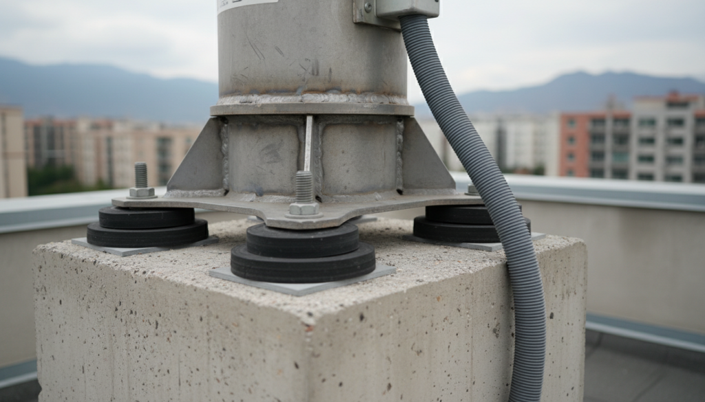 Detalhe da fixação mecânica e amortecedores na base de uma turbina de energia eólica residencial instalada sobre a laje.