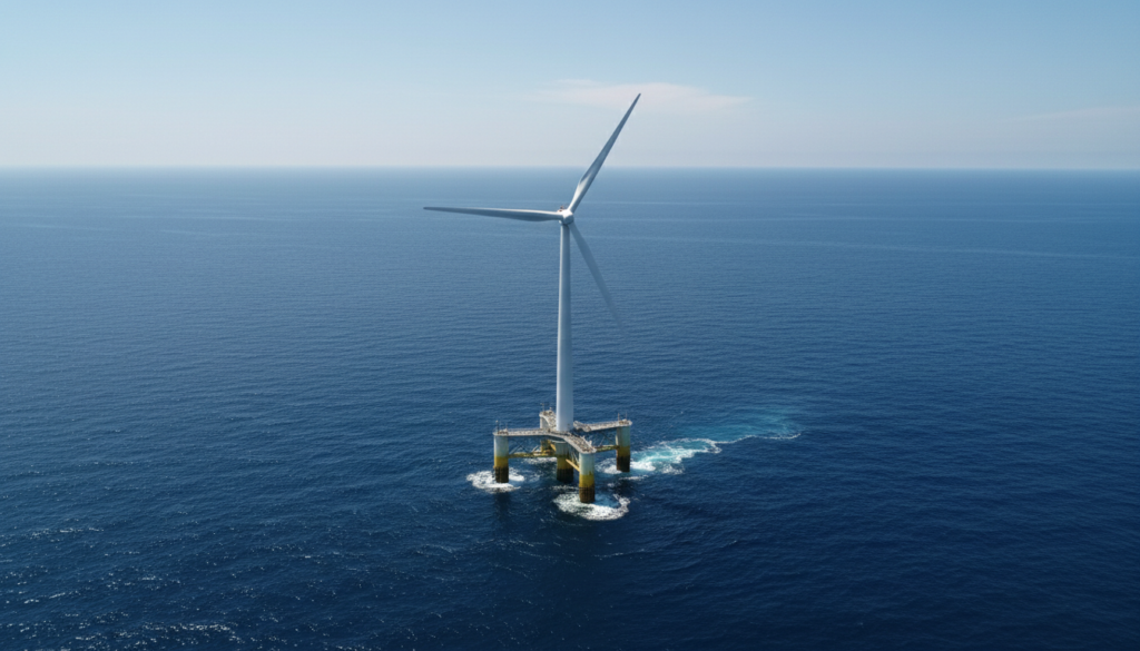 Turbina de energia eólica flutuante ancorada em alto-mar sob céu azul e oceano profundo.