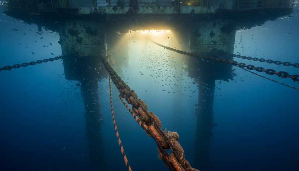 Sistema de cabos de ancoragem submersos prendendo plataforma de energia eólica flutuante ao fundo do mar.