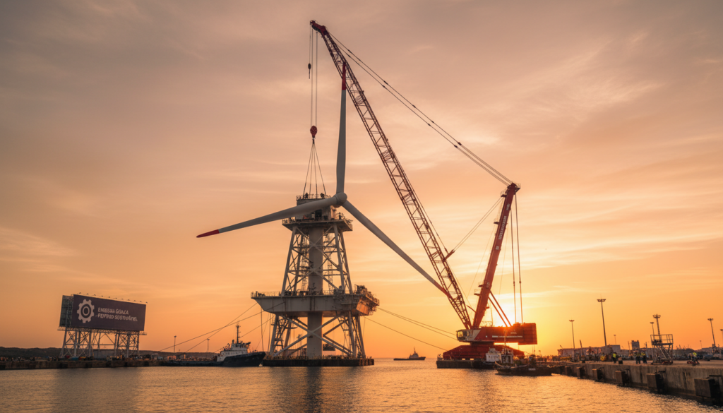 Montagem de turbina de energia eólica flutuante com guindaste industrial no cais de um porto.
