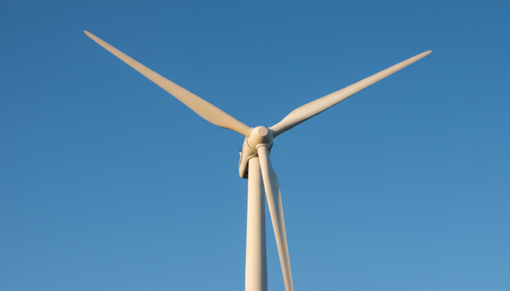 Detalhe em ângulo focado na nacele e no encaixe das pás de uma turbina de energia eólica sob um céu azul limpo.