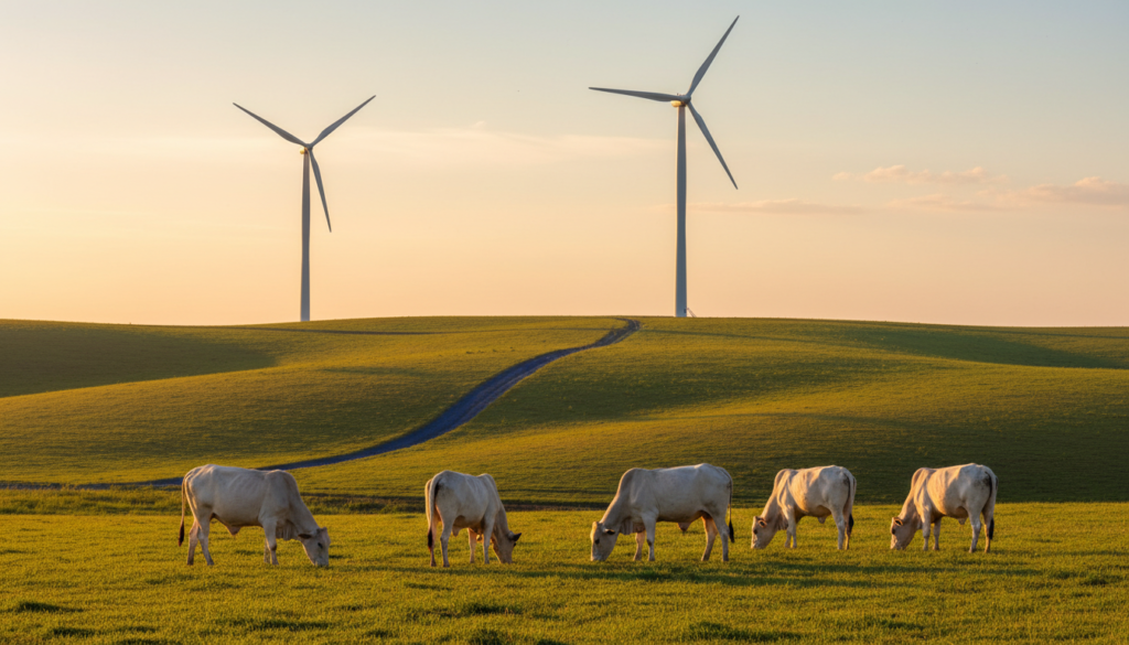 Rebanho de gado pastando calmamente em um campo aberto ao lado de grandes torres de geração de energia eólica durante o pôr do sol.