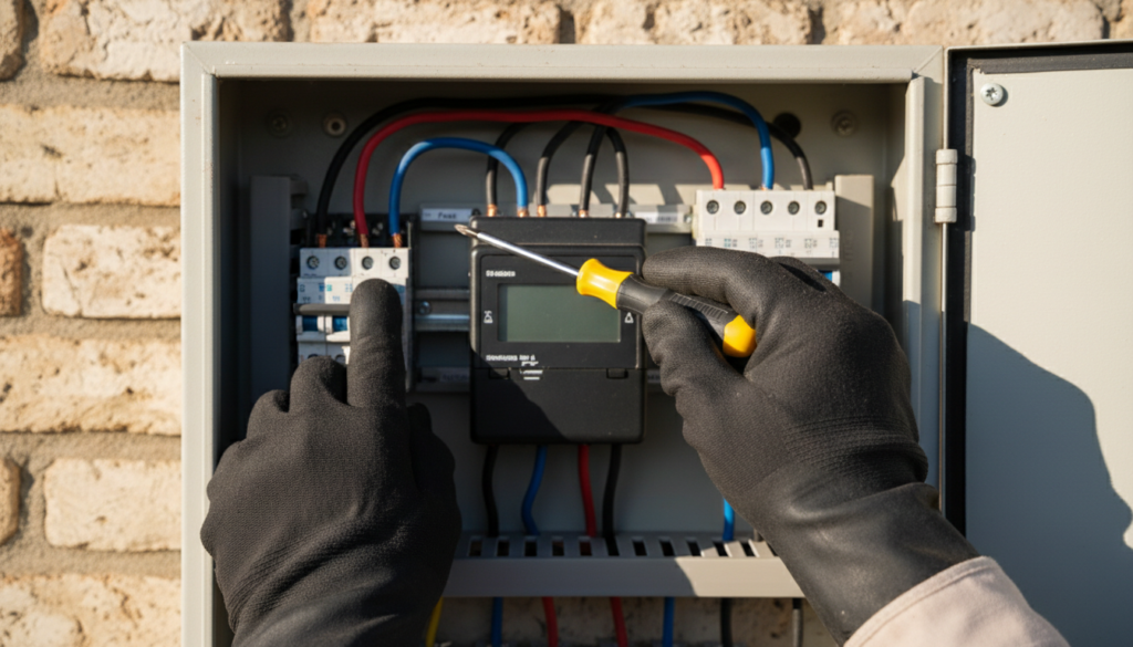 Eletricista finalizando a instalação elétrica do relógio bidirecional após aprovação do projeto de energia eólica residencial preço.