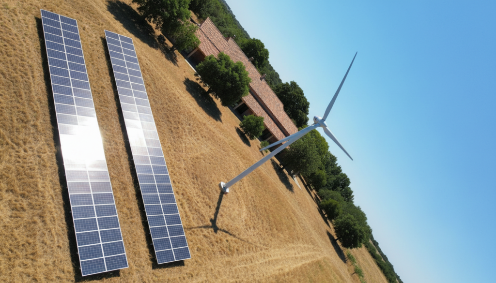 Vista aérea de propriedade rural com sistema híbrido de placas solares e turbina de energia eólica residencial preço competitivo instalados lado a lado.