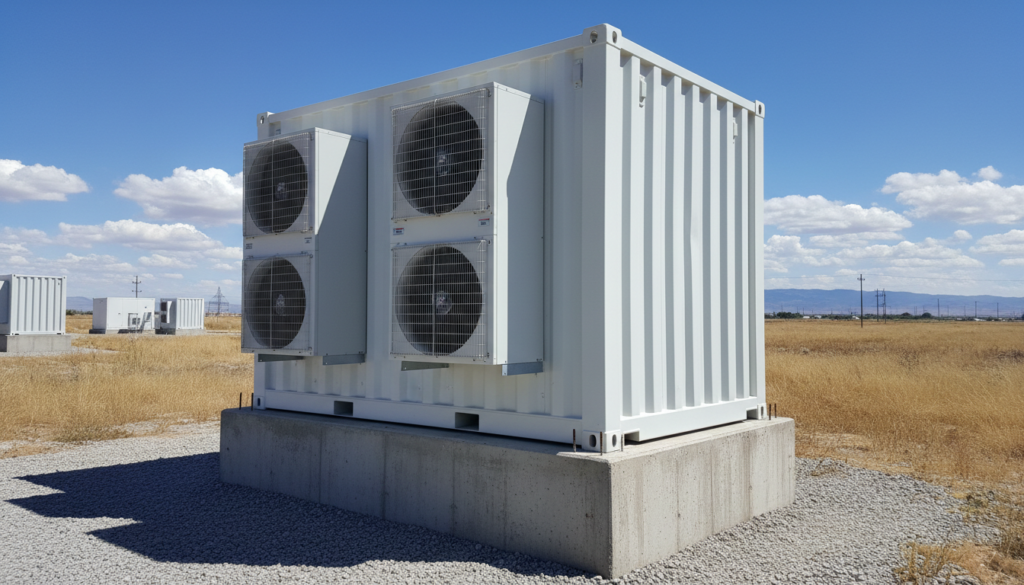Sistema de refrigeração HVAC industrial instalado na lateral de um contêiner BESS para controle de temperatura ativa das células de bateria.