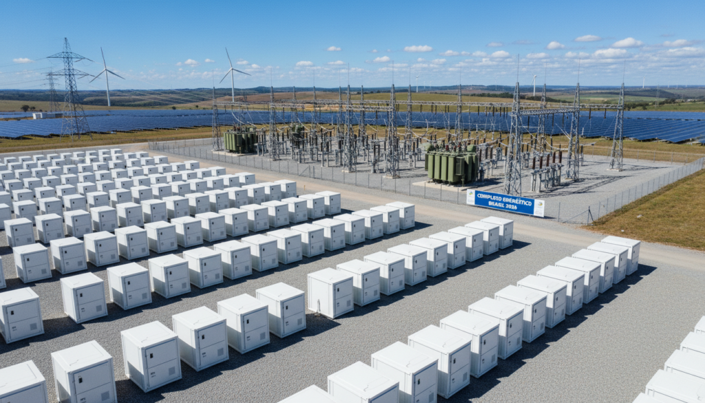 Fileiras de contêineres de um sistema BESS comercial operando integrados a uma subestação de energia renovável ao ar livre.
