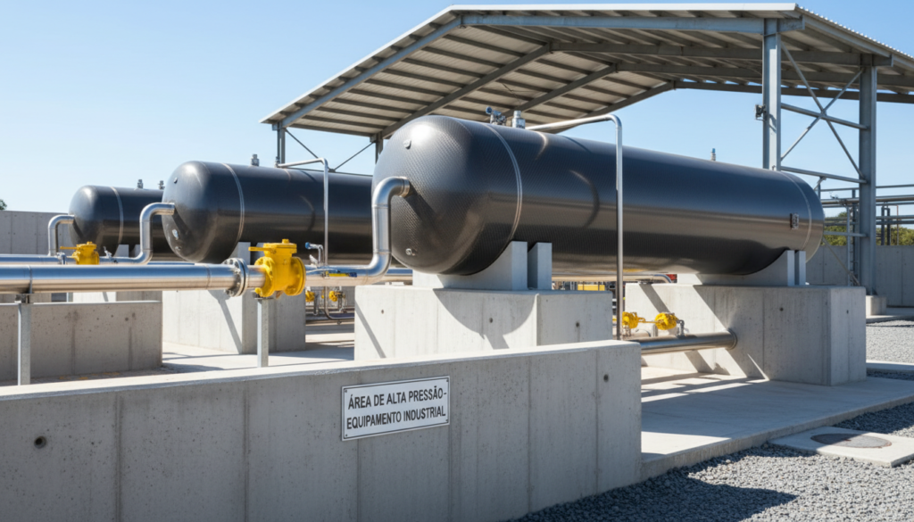 Tanques industriais de fibra de carbono em uma área ventilada preparados para o armazenamento seguro de hidrogênio verde.