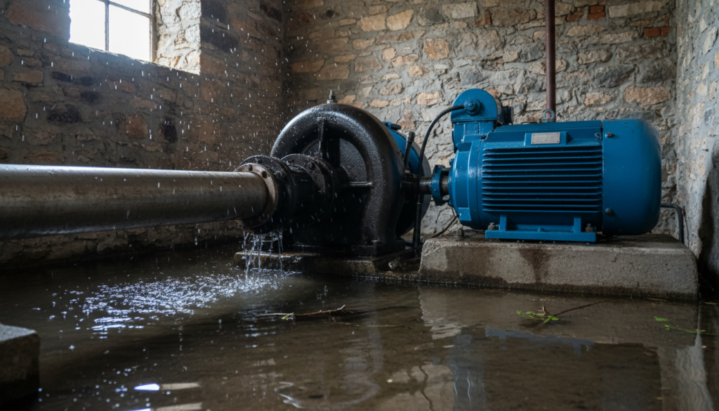 Turbina compacta instalada no interior da casa de força de uma micro usina hidrelétrica rural.