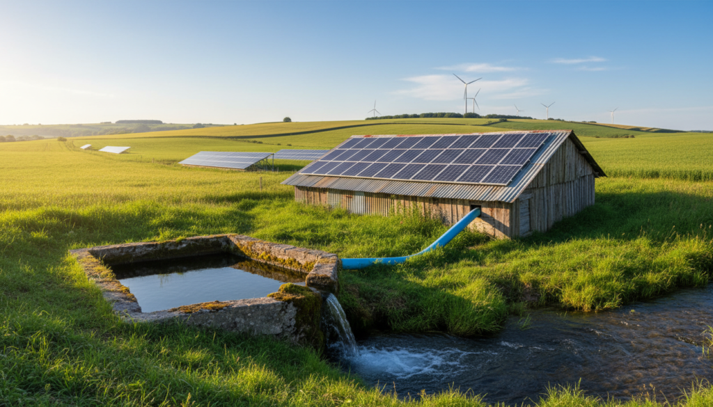 Sistemas de painéis solares integrados ao projeto de uma micro usina hidrelétrica rural para gerar autonomia na fazenda.