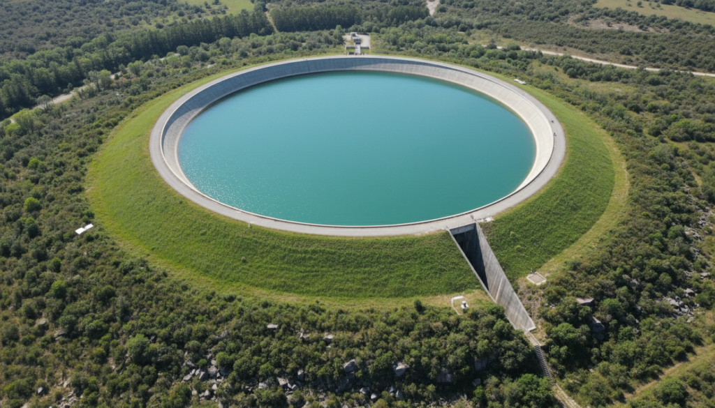 Vista aérea de reservatório superior de hidrelétrica de bombeamento com água azul clara no topo de colina verde.