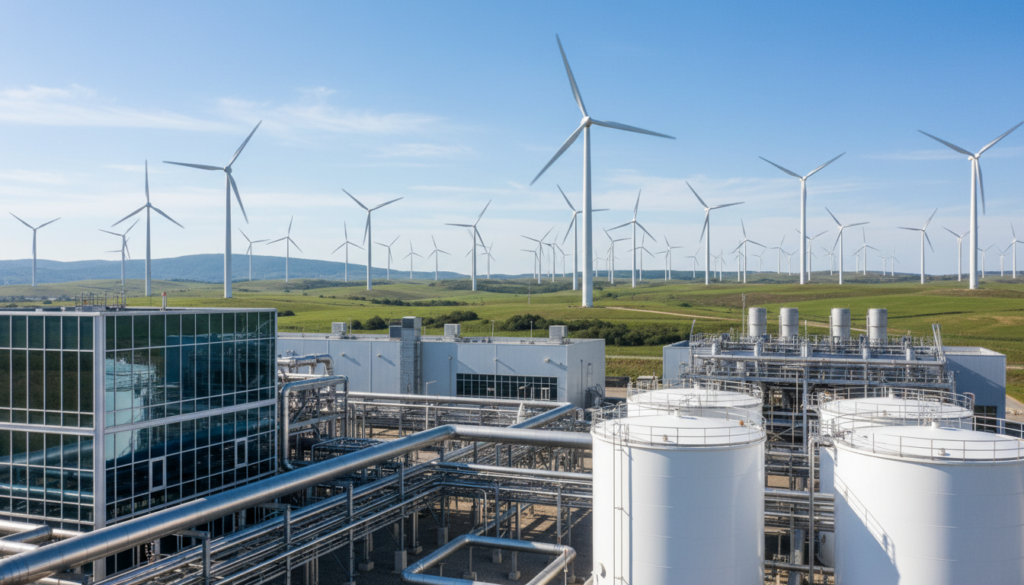 Planta industrial moderna interligada a geradores eólicos para a produção de hidrogênio verde sustentável por meio de eletrólise da água.