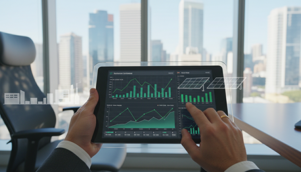 Investidor analisando o mercado financeiro e opções de ações de hidrogênio verde em uma tela digital em escritório moderno.