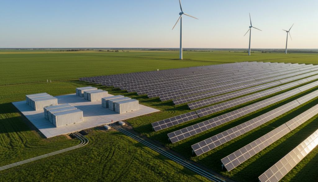 Parque industrial de geração renovável eólica e solar integrado a centrais de armazenamento equipadas com a tecnologia de bateria de ferro-ar.