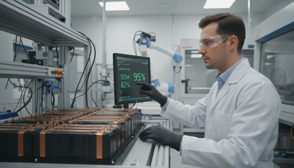 Engenheiro em um laboratório automatizado analisa a tela de diagnóstico com a métrica de SOH durante o teste de capacidade em células de lítio para o reaproveitamento de baterias BESS.
