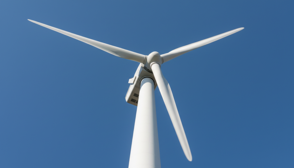 Componentes da nacela e rotor de usina de energia eólica contra céu azul
