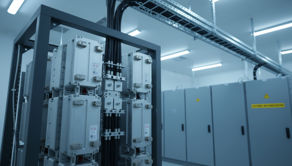 Módulos de supercapacitores industriais instalados em rack metálico para sistema BESS híbrido