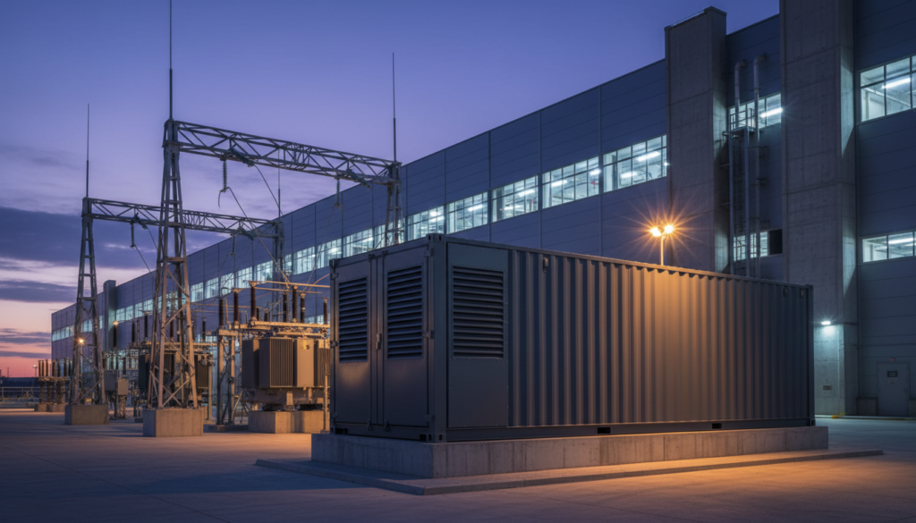 Contêiner BESS de armazenamento de energia instalado na subestação externa de uma fábrica